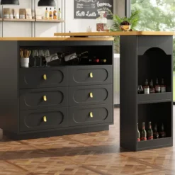 Matbord>Höj- och sänkbart barbord 138-203 cm, utdragbart med 360° svängfunktion och hjul, modernt barbord med låda, svart