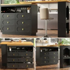 Matbord>Höj- och sänkbart barbord 138-203 cm, utdragbart med 360° svängfunktion och hjul, modernt barbord med låda, svart