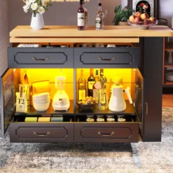 Köksö>Höj- och sänkbart barbord med LED-belysning, utdragbart 135-203cm & 360° roterbart, köksö med förvaringsutrymme, svart