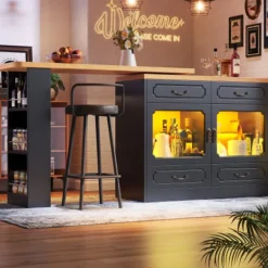 Köksö>Höj- och sänkbart barbord med LED-belysning, utdragbart 135-203cm & 360° roterbart, köksö med förvaringsutrymme, svart