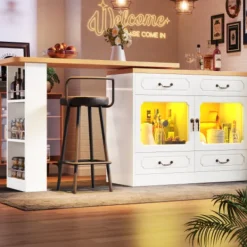 Köksö>Höj- och sänkbart barbord med LED-belysning, utdragbart 135-203cm & 360° roterbart, köksö med förvaringsutrymme, vit