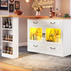 Köksö>Höj- och sänkbart barbord med LED-belysning, utdragbart 135-203cm & 360° roterbart, köksö med förvaringsutrymme, vit