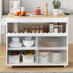 Köksö>Hopfällbar köksö-vagn (122x46x91cm) med bänkskiva i ek, skjutbara glasdörrar, justerbara hyllor & handdukshängare