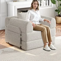 Fåtöljer>2-i-1 Chenillesoffa med förvaringsutrymme i armstödet Khaki, tre metallramar och flera möjliga konfigurationer