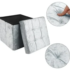 INTIRILIFE Sittpuffar>hopfällbar puff 38x38x38 cm i grå sammet – dekorativ förvaringslåda med sammetsöverdrag Bröstpall