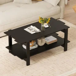 COSTWAY Soffbord>Kaffeebord Salong med 2 Nivåer , Lattoverks Tre, Oppbevaringshylle, Rektangulært Aksebord Maksimal Belasting 120 KG, Svart