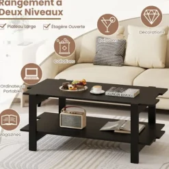 COSTWAY Soffbord>Kaffeebord Salong med 2 Nivåer , Lattoverks Tre, Oppbevaringshylle, Rektangulært Aksebord Maksimal Belasting 120 KG, Svart