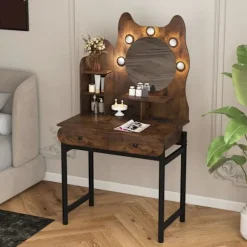 COSTWAY Sminkbord>Kattformad Smyckesbord med LED-spegel , Justerbart Ljus, Laddstation, 3 Hyllor, 2 Lådor,