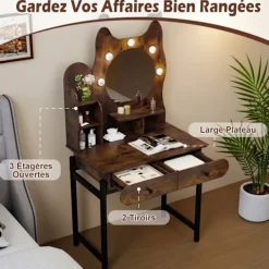 COSTWAY Sminkbord>Kattformad Smyckesbord med LED-spegel , Justerbart Ljus, Laddstation, 3 Hyllor, 2 Lådor,