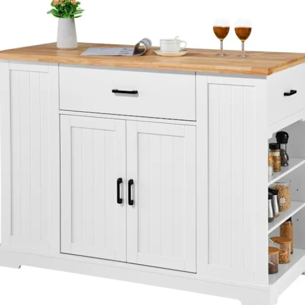 DUOKU Köksö>Köksö För Cart 46"--Träskiva Frukostbar-Förvaringsskåp med Justerbart Hylla, Låda, Lantlig Stil, Vit