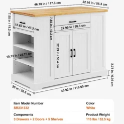 DUOKU Köksö>Köksö För Cart 46"--Träskiva Frukostbar-Förvaringsskåp med Justerbart Hylla, Låda, Lantlig Stil, Vit