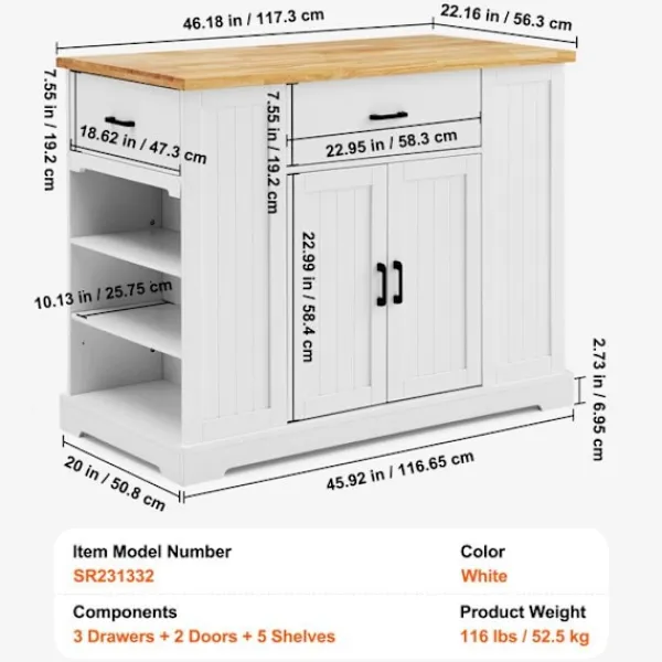DUOKU Köksö>Köksö För Cart 46"--Träskiva Frukostbar-Förvaringsskåp med Justerbart Hylla, Låda, Lantlig Stil, Vit