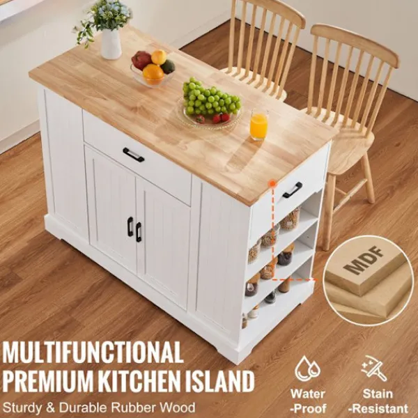 DUOKU Köksö>Köksö För Cart 46"--Träskiva Frukostbar-Förvaringsskåp med Justerbart Hylla, Låda, Lantlig Stil, Vit