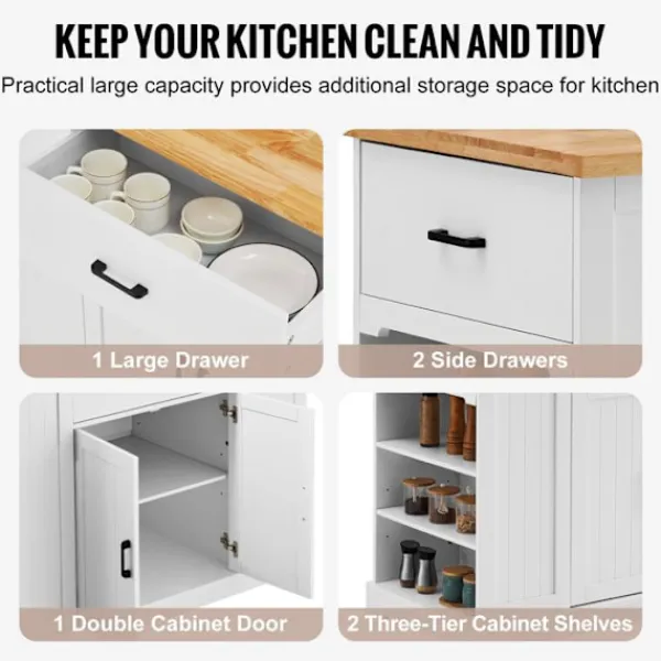 DUOKU Köksö>Köksö För Cart 46"--Träskiva Frukostbar-Förvaringsskåp med Justerbart Hylla, Låda, Lantlig Stil, Vit