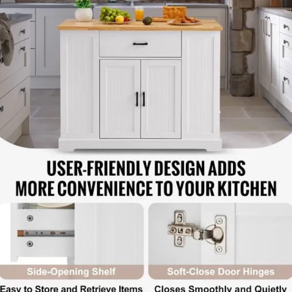 DUOKU Köksö>Köksö För Cart 46"--Träskiva Frukostbar-Förvaringsskåp med Justerbart Hylla, Låda, Lantlig Stil, Vit