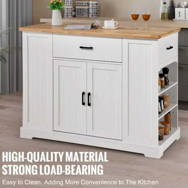 DUOKU Köksö>Köksö För Cart 46"--Träskiva Frukostbar-Förvaringsskåp med Justerbart Hylla, Låda, Lantlig Stil, Vit