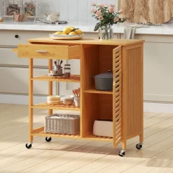 COSTWAY Köksö>Köksö i bambu , låda, 3 öppna hyllor, en dörr, handdukshållare, låsbara hjul, för vardagsrum