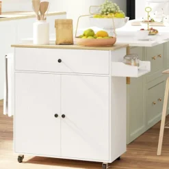 Northio Köksö>Köksö köksvagn på hjul med hopfällbar bänkskiva, låda, köksskåp rullbar med hylla, handdukstork, kryddställ, serveringsvagn vit
