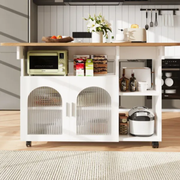 Köksö>Köksö med avtagbar serveringsvagn, multifunktionell med förvaringsutrymme, trälook, vit, modern