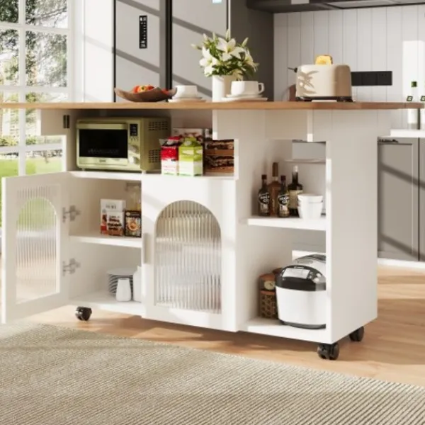 Köksö>Köksö med avtagbar serveringsvagn, multifunktionell med förvaringsutrymme, trälook, vit, modern
