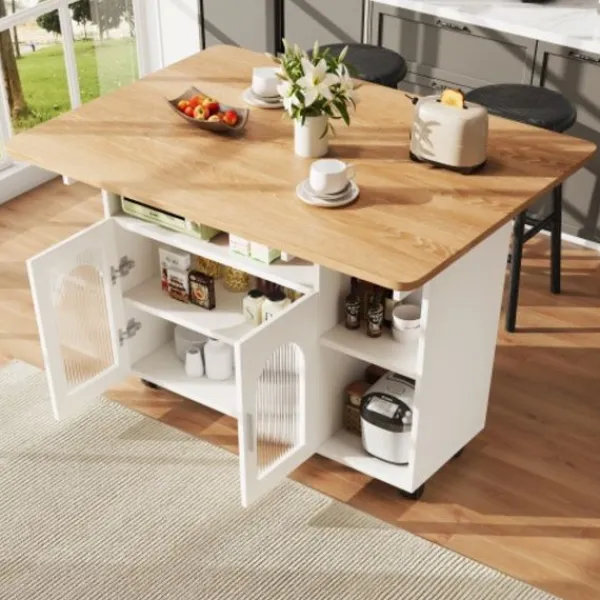 Köksö>Köksö med avtagbar serveringsvagn, multifunktionell med förvaringsutrymme, trälook, vit, modern