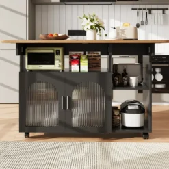 Köksö>Köksö med avtagbar serveringsvagn, multifunktionell med förvaringsutrymme, trälook, svart, modern