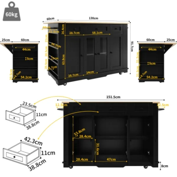 Köksö>Köksö med avtagbara partitioner och härdat glas, köksskåp med arbetsbänk, svart