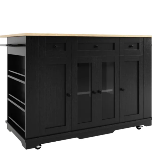 Köksö>Köksö med avtagbara partitioner och härdat glas, köksskåp med arbetsbänk, svart