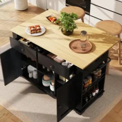 Köksö>Köksö med eluttag & arbetsyta, köksskåp, serveringsvagn med trästruktur, skänk, svart