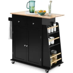 Northio Köksö>Köksö med förvaring Rullande Gummi Trä Serveringsvagn 88 x 46 x 89,5 cm Svart