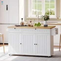 Köksö>Köksö med glasskiva och 6 hjul, 137x89,5 cm, med 2 lådor & skåp, flexibel arbetsyta, vit