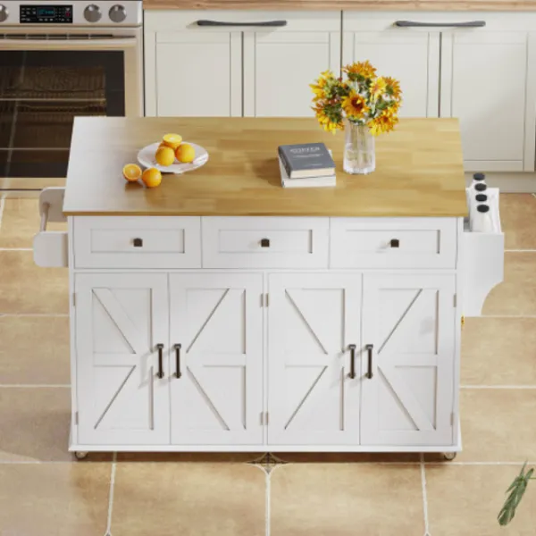 Köksö>Köksö med glasskiva och 5 hjul, ladugårdsstil med 4 dörrar & 3 lådor, dubbelsidig handdukshängare, vit