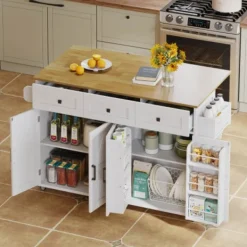 Köksö>Köksö med glasskiva och 5 hjul, ladugårdsstil med 4 dörrar & 3 lådor, dubbelsidig handdukshängare, vit