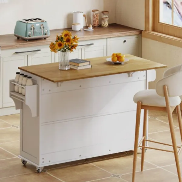 Köksö>Köksö med glasskiva och 5 hjul, ladugårdsstil med 4 dörrar & 3 lådor, dubbelsidig handdukshängare, vit