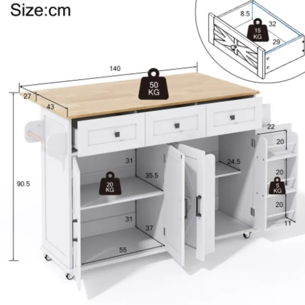 Köksö>Köksö med glasskiva och 5 hjul, ladugårdsstil med 4 dörrar & 3 lådor, dubbelsidig handdukshängare, vit