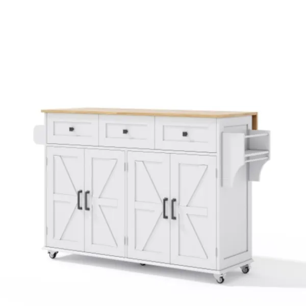 Köksö>Köksö med glasskiva och 5 hjul, ladugårdsstil med 4 dörrar & 3 lådor, dubbelsidig handdukshängare, vit