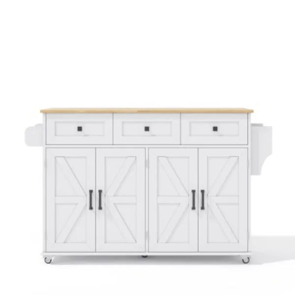 Köksö>Köksö med glasskiva och 5 hjul, ladugårdsstil med 4 dörrar & 3 lådor, dubbelsidig handdukshängare, vit