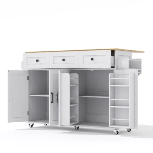 Köksö>Köksö med glasskiva och 5 hjul, ladugårdsstil med 4 dörrar & 3 lådor, dubbelsidig handdukshängare, vit