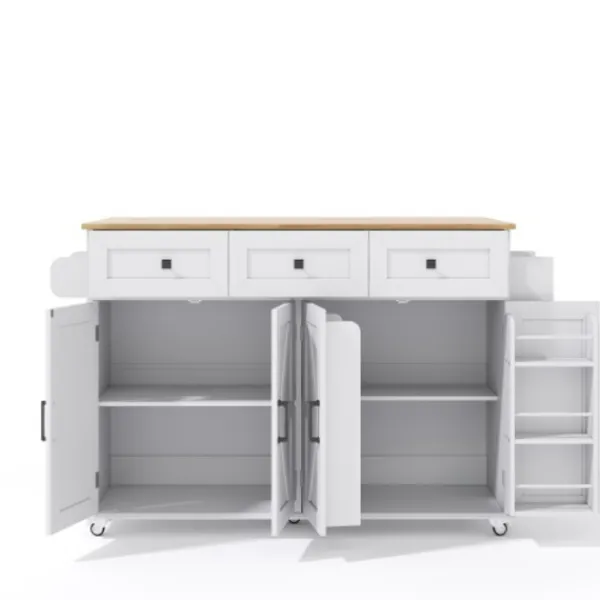 Köksö>Köksö med glasskiva och 5 hjul, ladugårdsstil med 4 dörrar & 3 lådor, dubbelsidig handdukshängare, vit