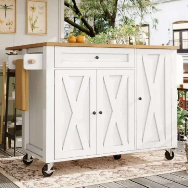 Köksö>Köksö med gott om förvaringsutrymme, inklusive kryddhylla och handdukshängare, 3 dörrar, justerbara hyllor, vit