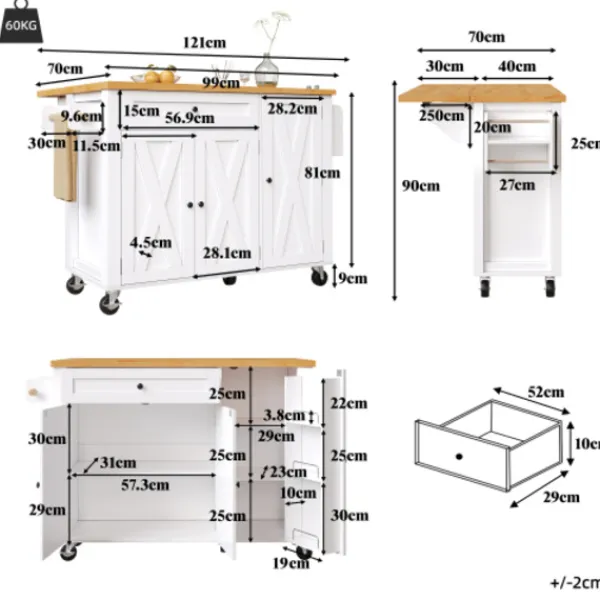 Köksö>Köksö med gott om förvaringsutrymme, inklusive kryddhylla och handdukshängare, 3 dörrar, justerbara hyllor, vit