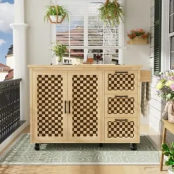 Köksö>Köksö med hjul och schackrutigt mönster, träådring, med handdukshängare, 3 lådor, 120x92cm