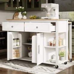 Köksö>Köksö med trästruktur, serveringsvagn med 2 lådor & bromsar, hjul & gott om förvaringsutrymme, mångsidig