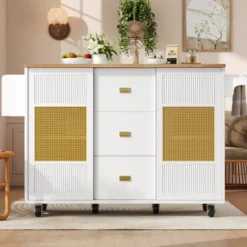 Köksö>Köksö 120x90cm fristående, utdragbar köksvagn med hjul, kryddhylla & justerbara hyllor, vit