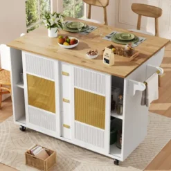 Köksö>Köksö 120x90cm fristående, utdragbar köksvagn med hjul, kryddhylla & justerbara hyllor, vit