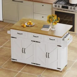 Köksö>Köksö 140x43x90 cm med nedfällbar skiva & 5 hjul - 4 dörrar, 3 lådor, ladugårdsstil