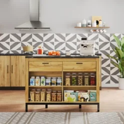 Köksö>Köksö 120x75x90cm lantlig stil med 2 lådor, 4 hyllor & barområde, ek-look & marmorskiva