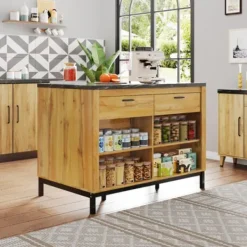 Köksö>Köksö 120x75x90cm lantlig stil med 2 lådor, 4 hyllor & barområde, ek-look & marmorskiva