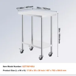 DUOKU Köksö>Köksarbetsbord Rostfritt Stål--Förberedelsebord-762 x 457 x 954,6 mm-4 Hjul-3 Justerbara Höjdnivåer