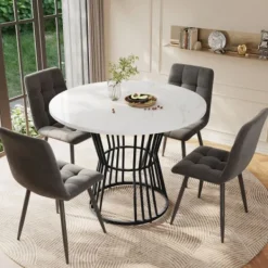 Matgrupper>Köksbord med vit marmorskiva och metallben, robust metallram, modernt matbord, 1 st